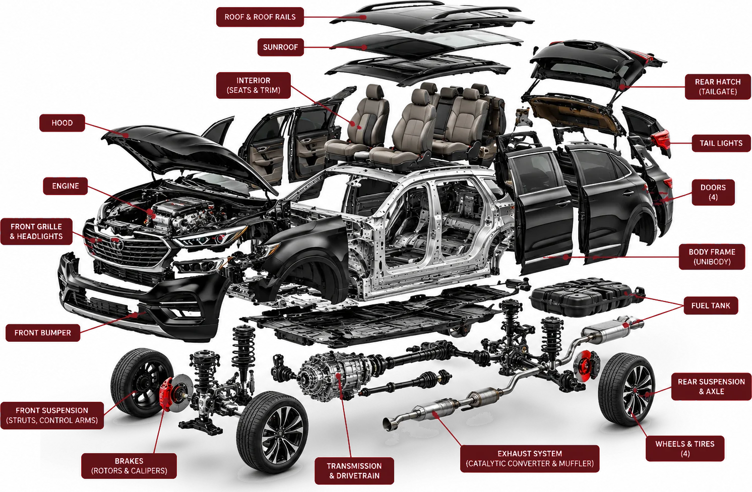 Exploded view of an SUV showing roof, sunroof, interior, hood, engine, grille and headlights, bumper, body frame, doors, rear hatch, tail lights, fuel tank, suspension, brakes, transmission, exhaust, wheels and tires